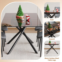 59-inch Expandable Dining Table Set with 4 Gray Ergonomic Chairs, Black Sandblasted Glass Top & X-Base, 4-8 Seater Modern Dining Set for Small Spaces, Kitchen and Apartment