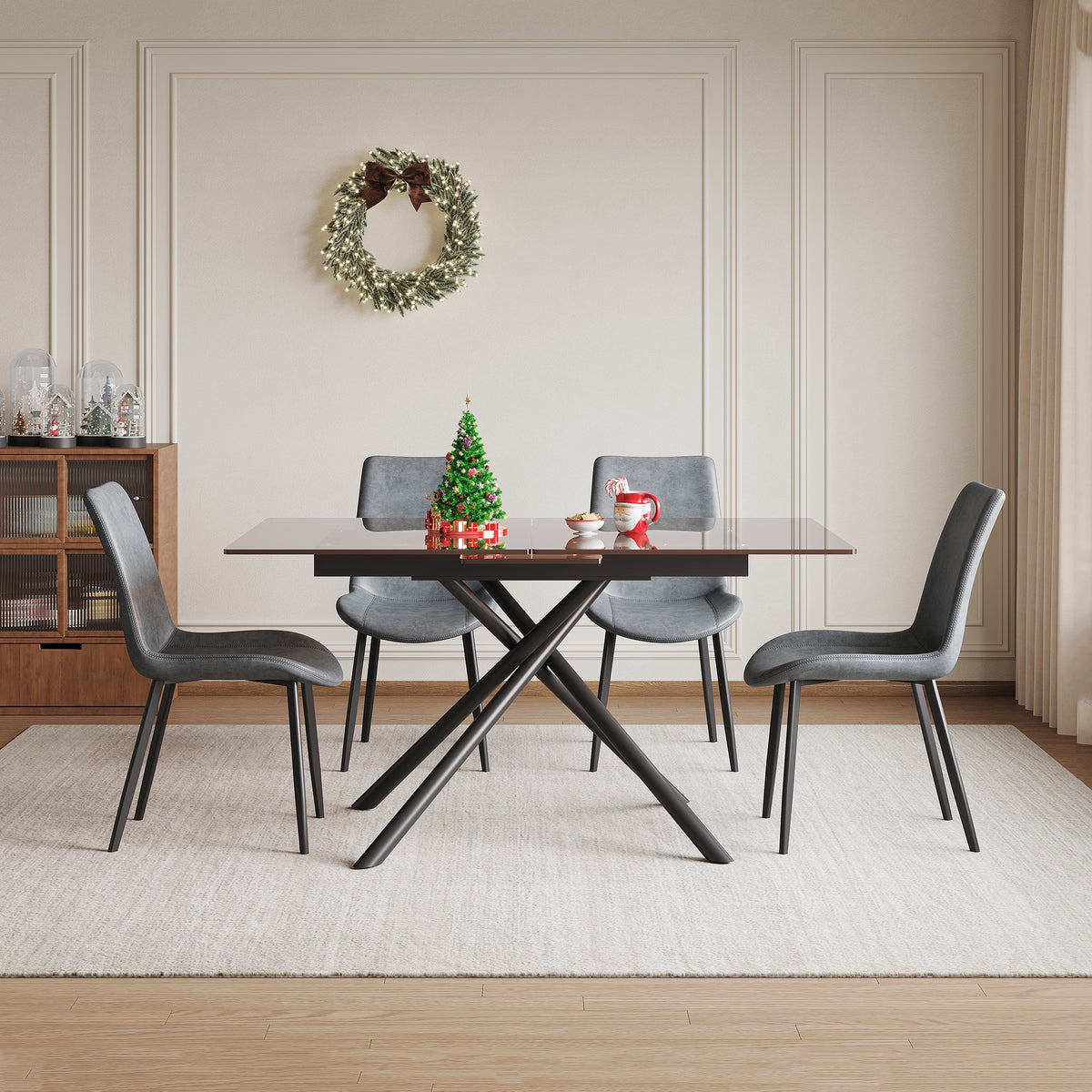 59-inch Expandable Dining Table Set with 4 Gray Ergonomic Chairs, Black Sandblasted Glass Top & X-Base, 4-8 Seater Modern Dining Set for Small Spaces, Kitchen and Apartment