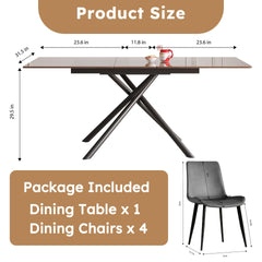 59-inch Expandable Dining Table Set with 4 Gray Ergonomic Chairs, Black Sandblasted Glass Top & X-Base, 4-8 Seater Modern Dining Set for Small Spaces, Kitchen and Apartment