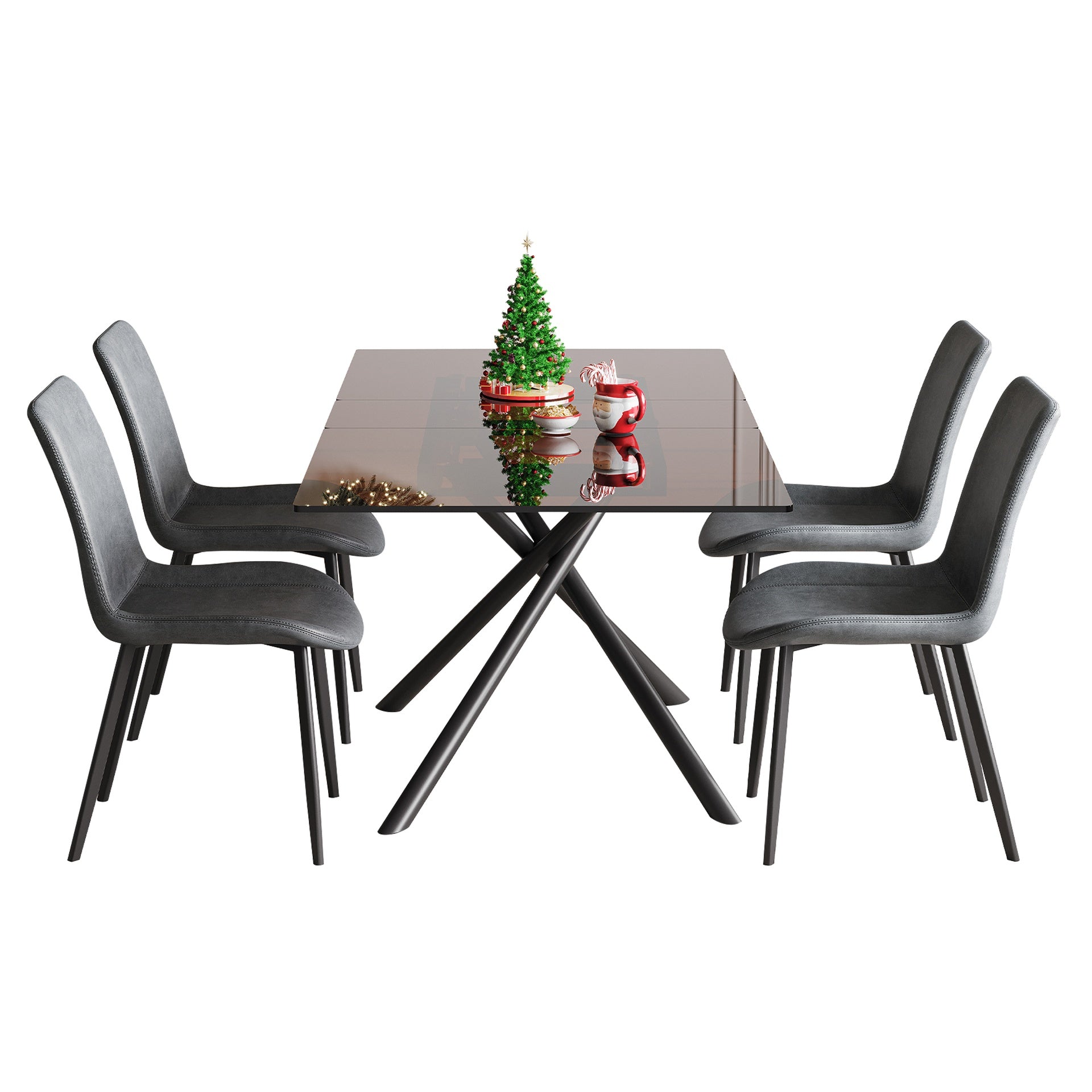 59-inch Expandable Dining Table Set with 4 Gray Ergonomic Chairs, Black Sandblasted Glass Top & X-Base, 4-8 Seater Modern Dining Set for Small Spaces, Kitchen and Apartment