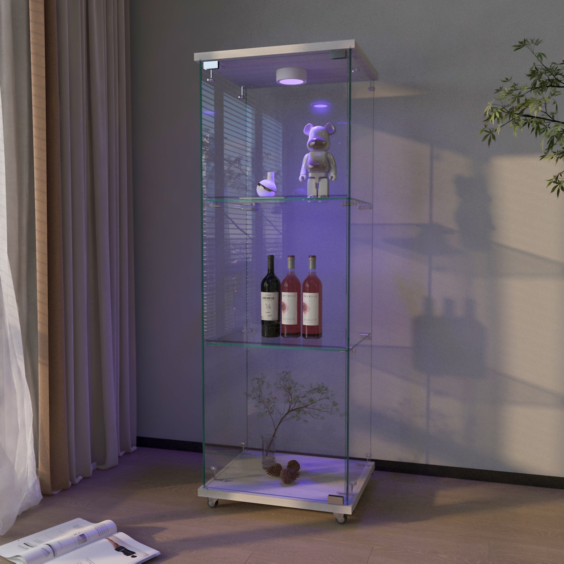 Modern Glass Display Cabinet with LED lights, Quick-assembly Antique Cabinet, Tempered Glass Bookshelf, Suitable for Living Room and Bedrooms, 1-door 3-shelf, White