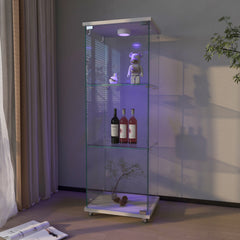 Modern Glass Display Cabinet with LED lights, Quick-assembly Antique Cabinet, Tempered Glass Bookshelf, Suitable for Living Room and Bedrooms, 1-door 3-shelf, White