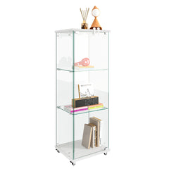 Modern Glass Display Cabinet with LED lights, Quick-assembly Antique Cabinet, Tempered Glass Bookshelf, Suitable for Living Room and Bedrooms, 1-door 3-shelf, White
