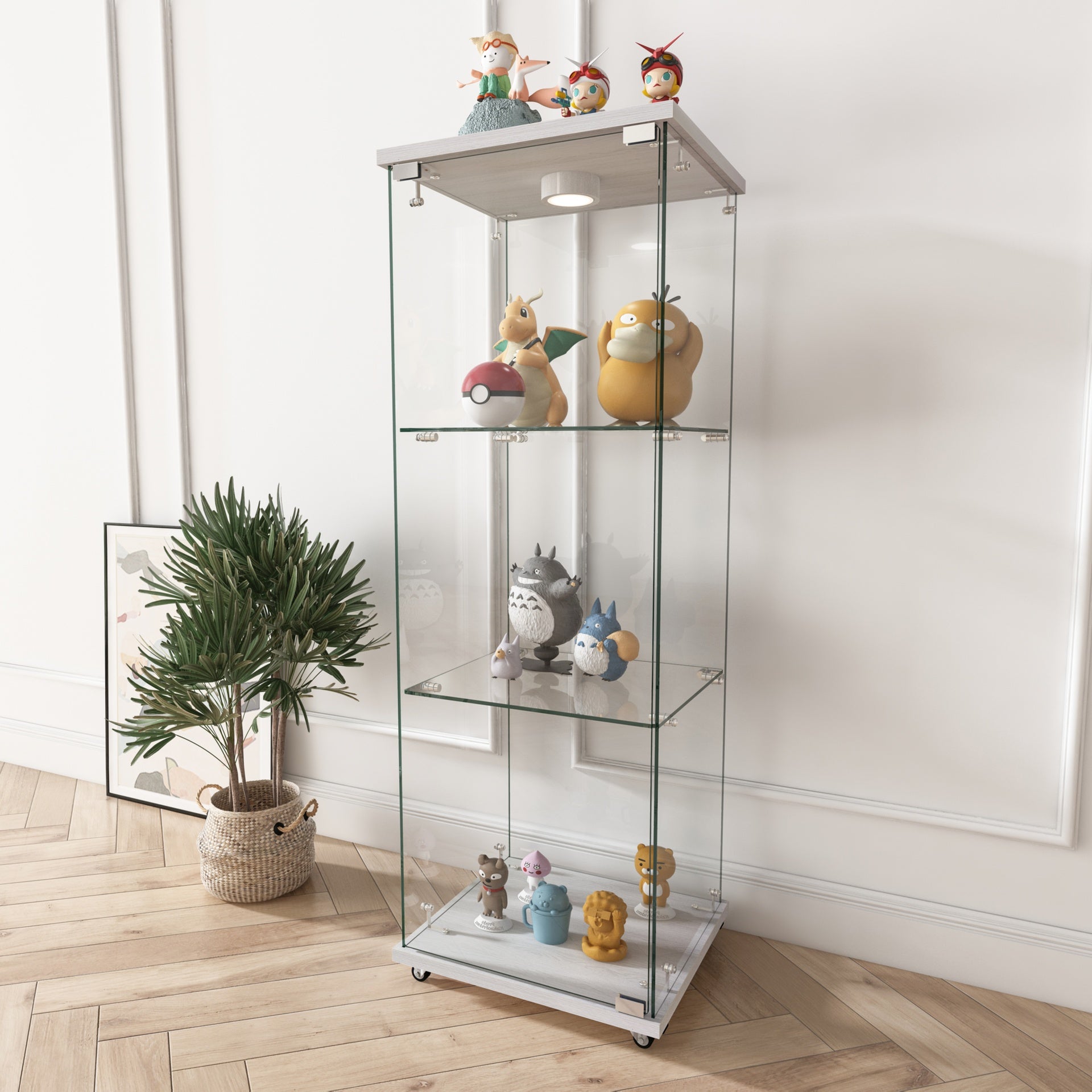 Modern Glass Display Cabinet with LED lights, Quick-assembly Antique Cabinet, Tempered Glass Bookshelf, Suitable for Living Room and Bedrooms, 1-door 3-shelf, White