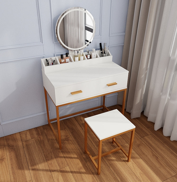 Vanity Set with Mirror and Stool - Makeup Vanity Table with Storage Drawers and Organizer, White and Gold, Space-Saving Design for Small Bedrooms