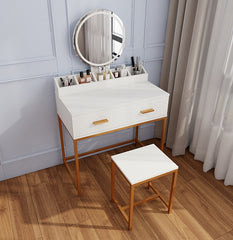 Vanity Set with Mirror and Stool - Makeup Vanity Table with Storage Drawers and Organizer, White and Gold, Space-Saving Design for Small Bedrooms