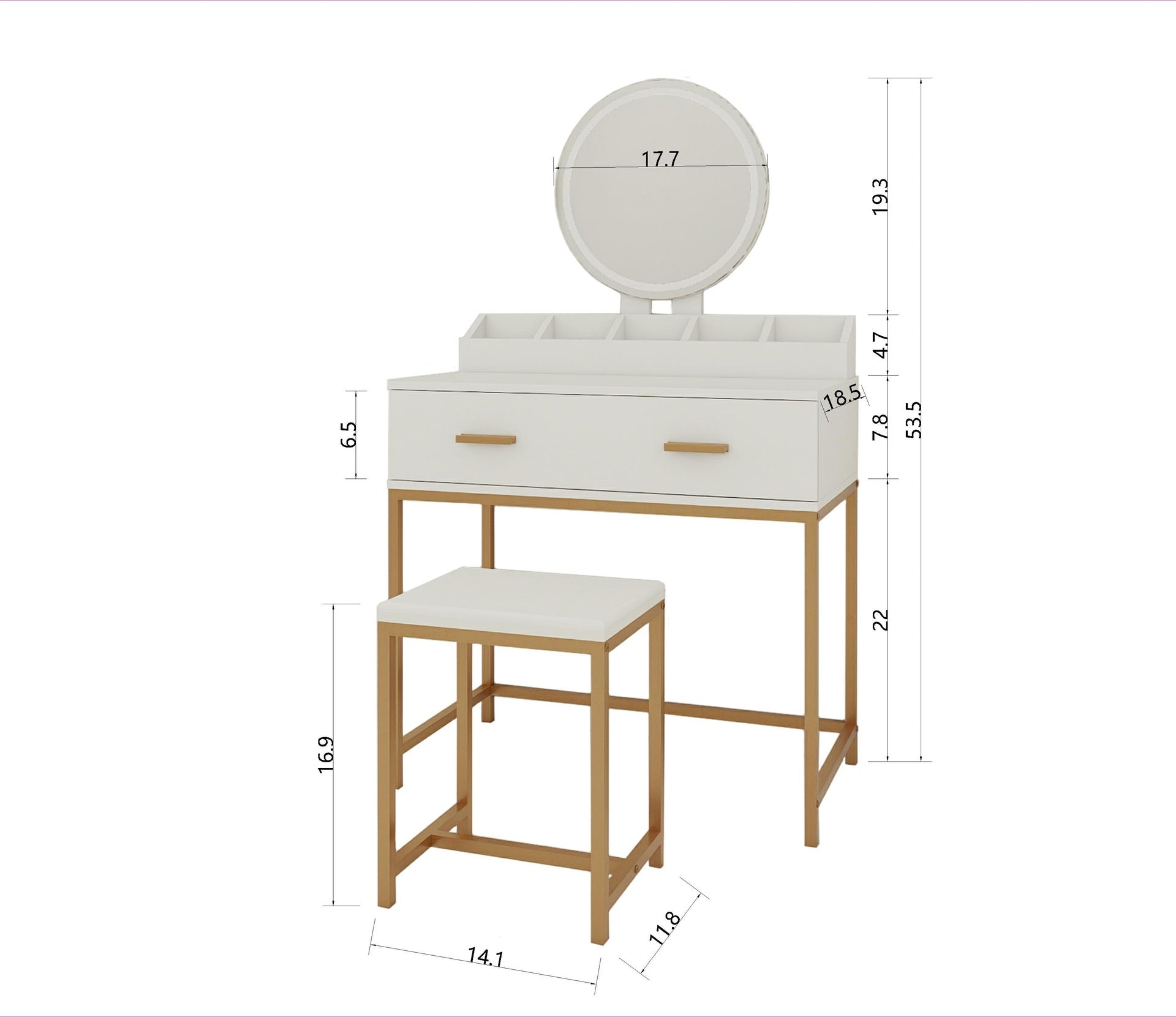 Vanity Set with Mirror and Stool - Makeup Vanity Table with Storage Drawers and Organizer, White and Gold, Space-Saving Design for Small Bedrooms