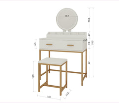 Vanity Set with Mirror and Stool - Makeup Vanity Table with Storage Drawers and Organizer, White and Gold, Space-Saving Design for Small Bedrooms