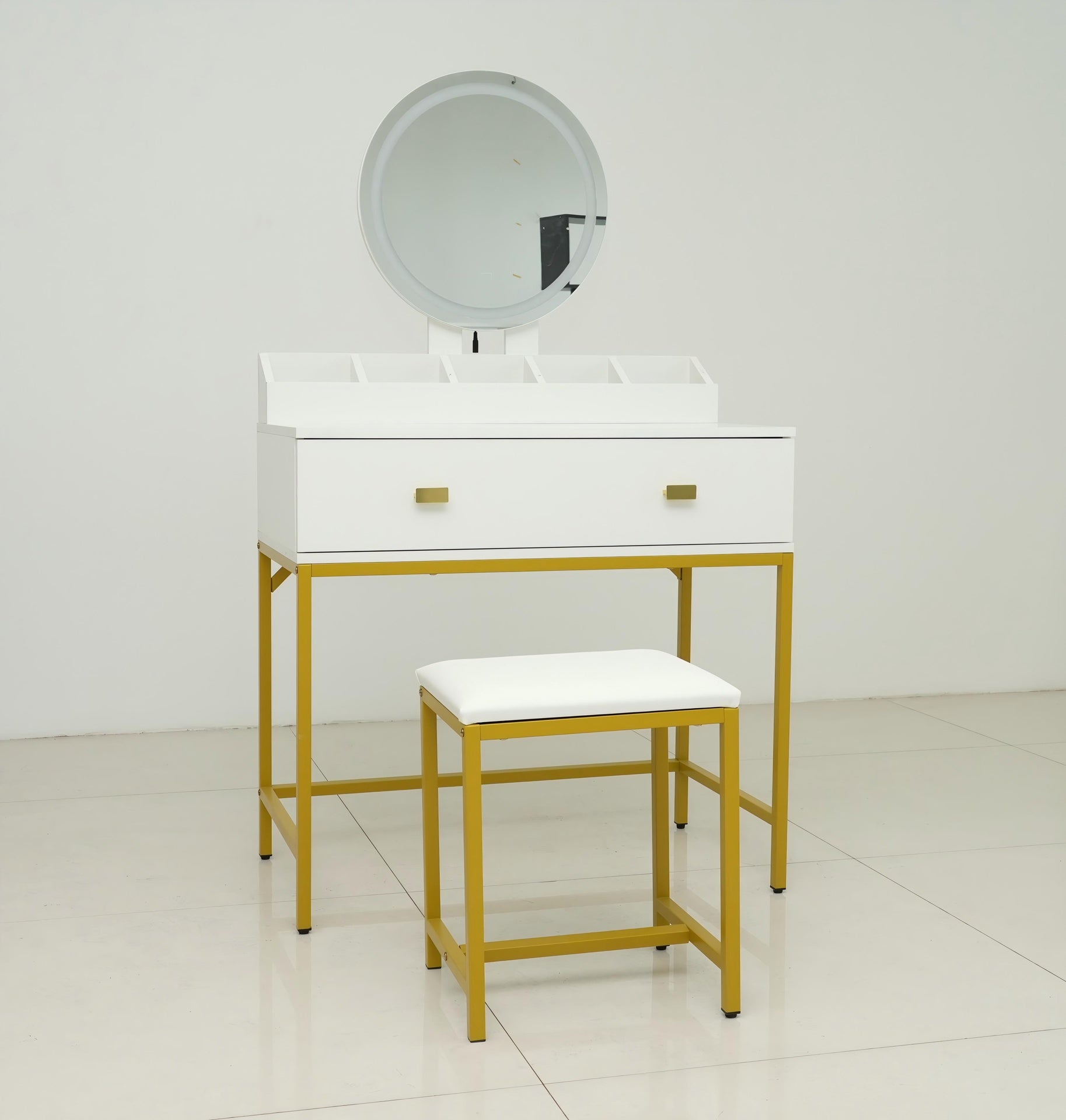 Vanity Set with Mirror and Stool - Makeup Vanity Table with Storage Drawers and Organizer, White and Gold, Space-Saving Design for Small Bedrooms