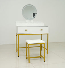 Vanity Set with Mirror and Stool - Makeup Vanity Table with Storage Drawers and Organizer, White and Gold, Space-Saving Design for Small Bedrooms