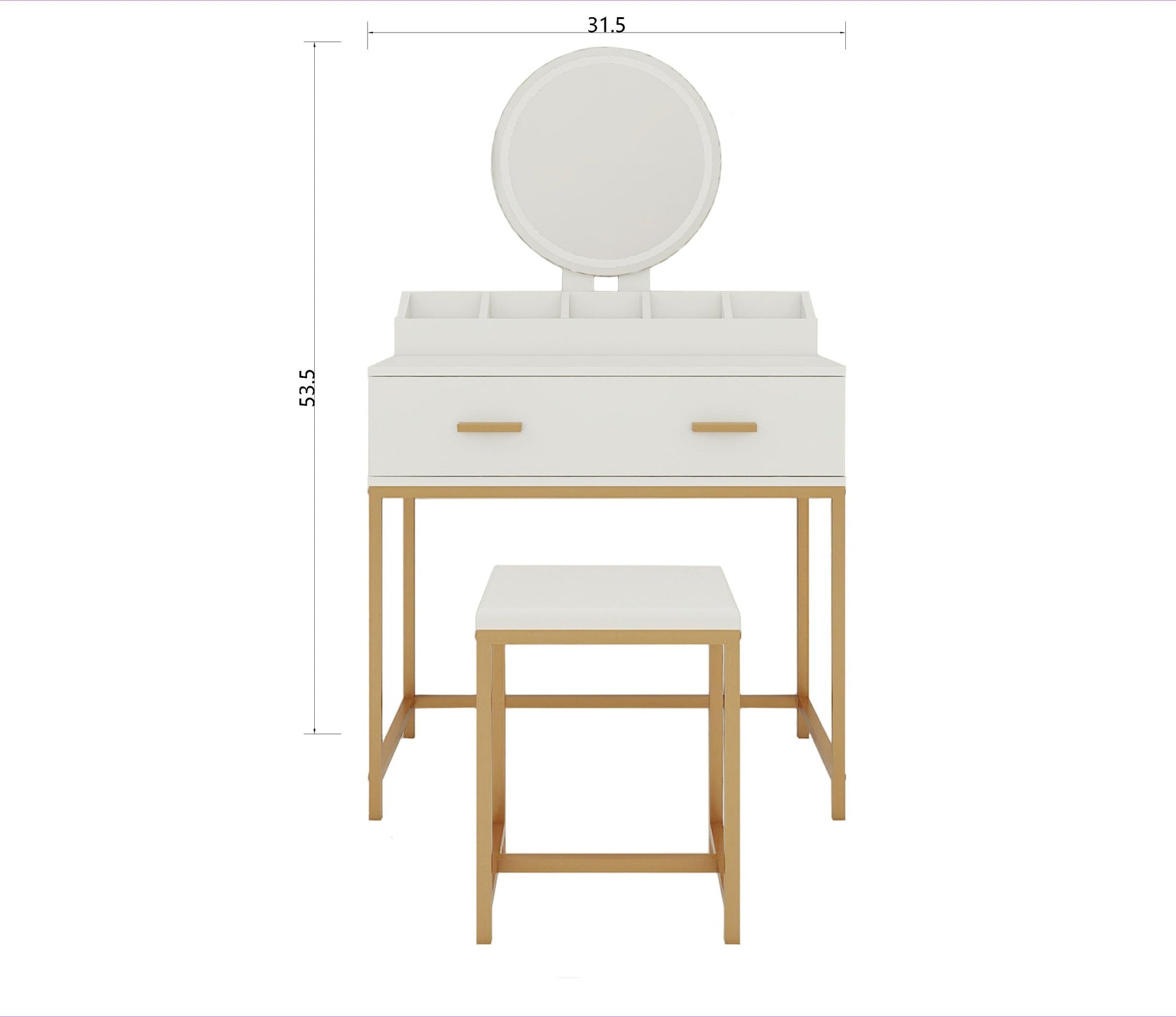 Vanity Set with Mirror and Stool - Makeup Vanity Table with Storage Drawers and Organizer, White and Gold, Space-Saving Design for Small Bedrooms