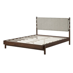 Premium Rubber Wood Platform Bed Frame, Queen Bed Frame with Headboard Included, Mid Century Modern Bed With Walnut+Light Grey Color