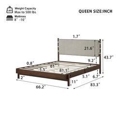 Premium Rubber Wood Platform Bed Frame, Queen Bed Frame with Headboard Included, Mid Century Modern Bed With Walnut+Light Grey Color