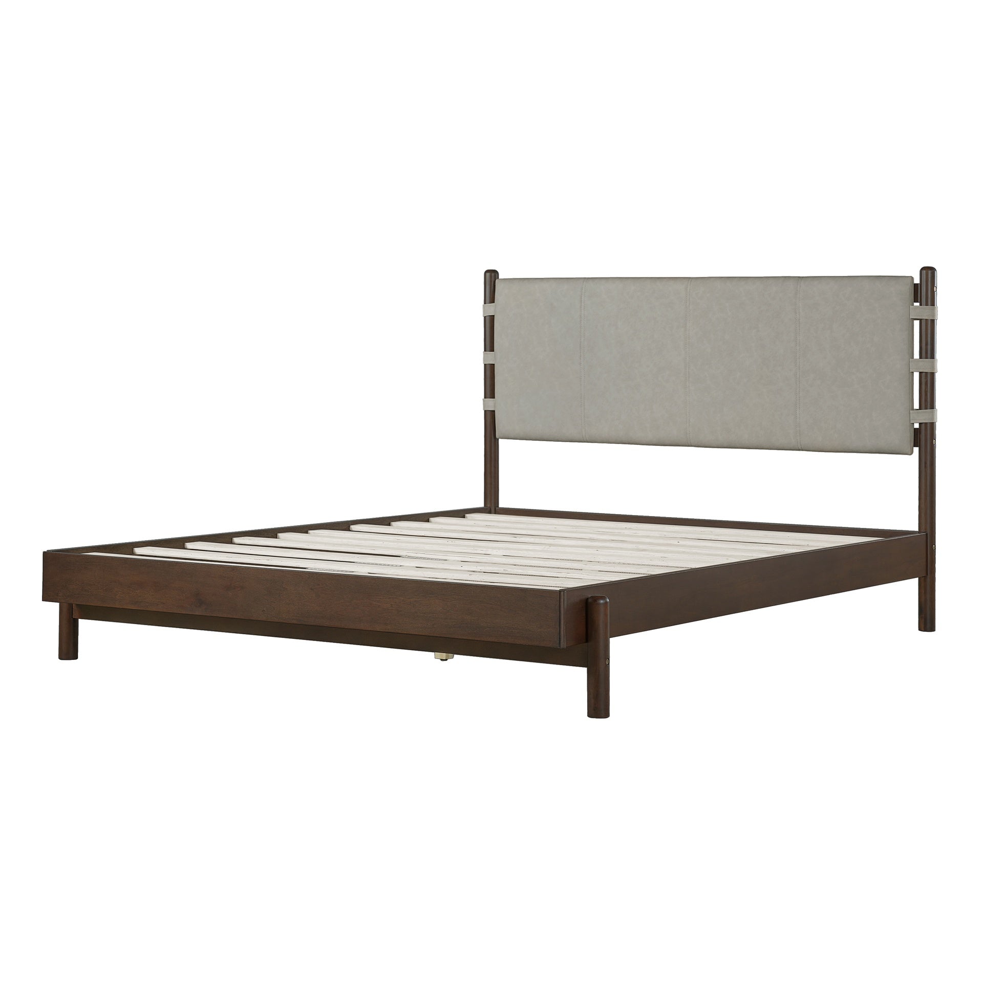 Premium Rubber Wood Platform Bed Frame, Queen Bed Frame with Headboard Included, Mid Century Modern Bed With Walnut+Light Grey Color