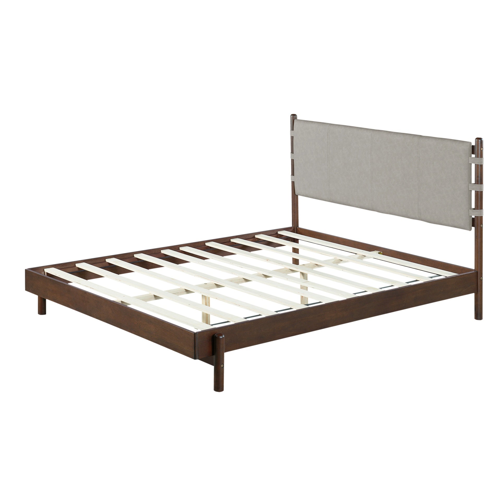 Premium Rubber Wood Platform Bed Frame, Queen Bed Frame with Headboard Included, Mid Century Modern Bed With Walnut+Light Grey Color