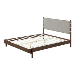 Premium Rubber Wood Platform Bed Frame, Queen Bed Frame with Headboard Included, Mid Century Modern Bed With Walnut+Light Grey Color