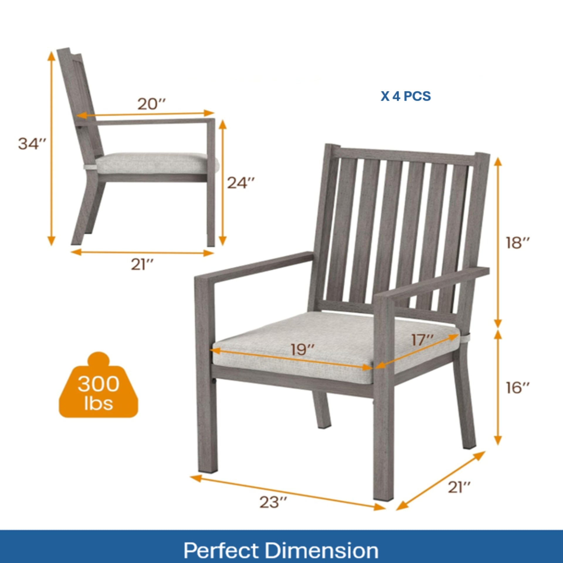 Set of 4 23" All-Weather Aluminum Patio Dining Chairs with Thick Gray Cushions and Gray Frame