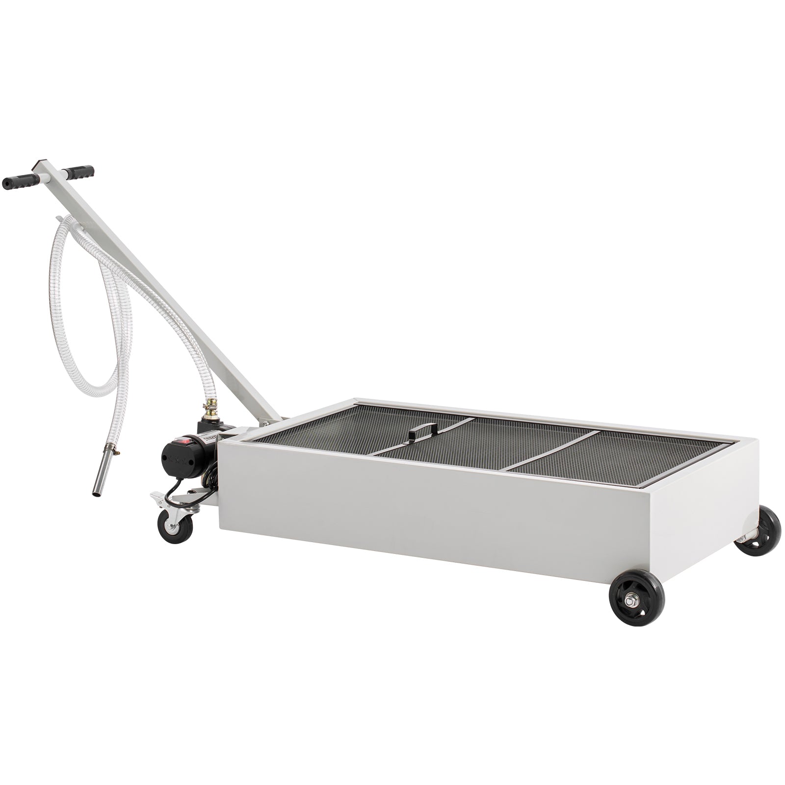 Low Profile Oil Drain Pan, 20 Gallon Capacity, Rolling Oil Drain Pan with Electric Pump, 7.2 ft Hose & T Folding Handle, Leak-proof & Corrosion-resistant, Fit for Cars, SUVs, Trucks, ATVs, White