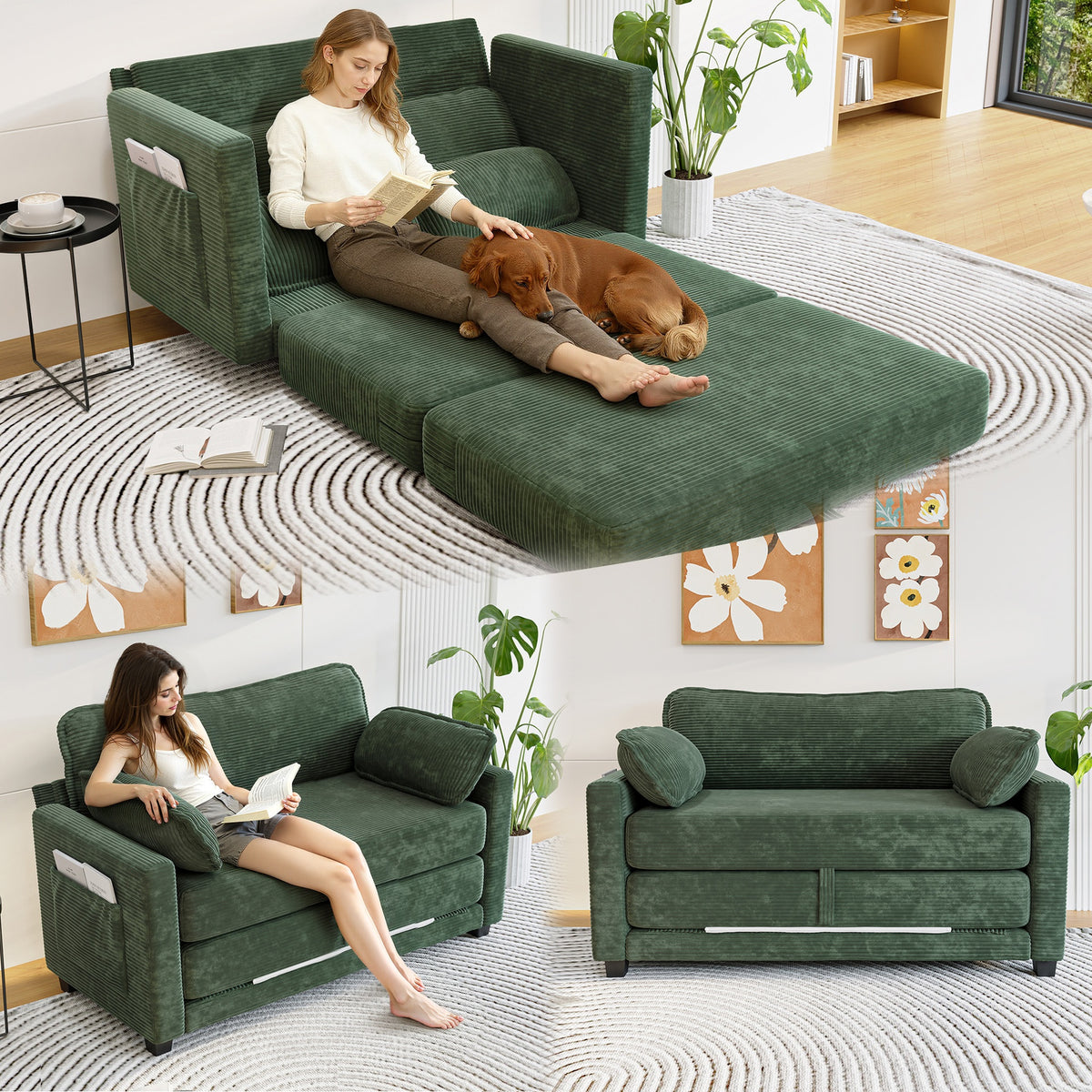 2-in-1 Convertible Corduroy Sofa Bed, 2-Seater Two-Form Switch Loveseat Sleeper Sofa with Side Storage, High-Rebound Sponge & Solid Wood Composite Frame, Easy Assembly for Home Living Room/Study.