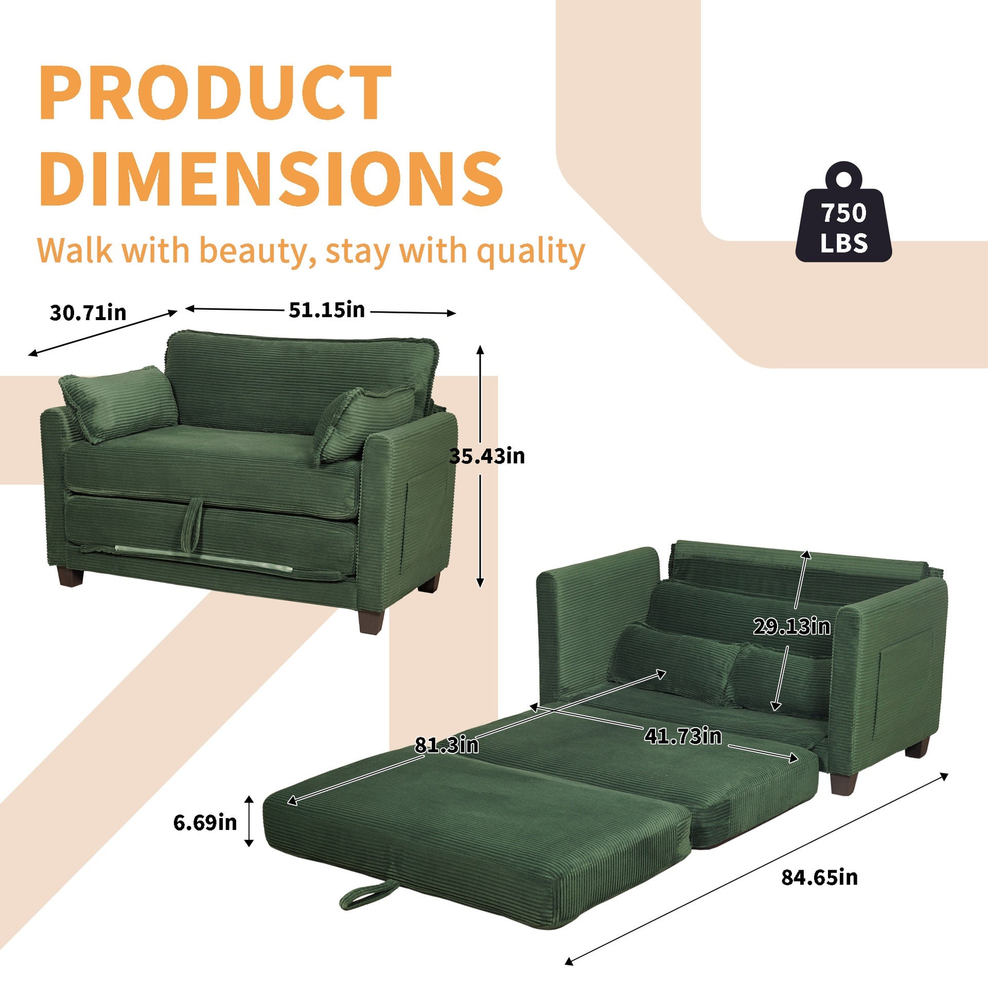 2-in-1 Convertible Corduroy Sofa Bed, 2-Seater Two-Form Switch Loveseat Sleeper Sofa with Side Storage, High-Rebound Sponge & Solid Wood Composite Frame, Easy Assembly for Home Living Room/Study.