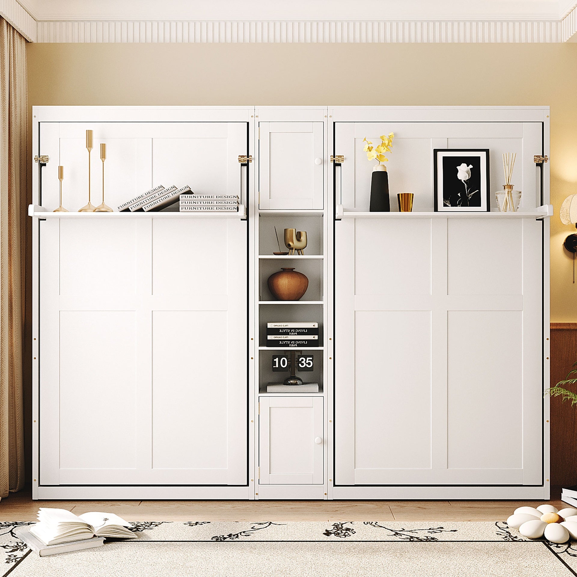Dual Twin size Wall Murphy Beds with Cabinets and Shelves, White(OLD SKU:N820S00058K)