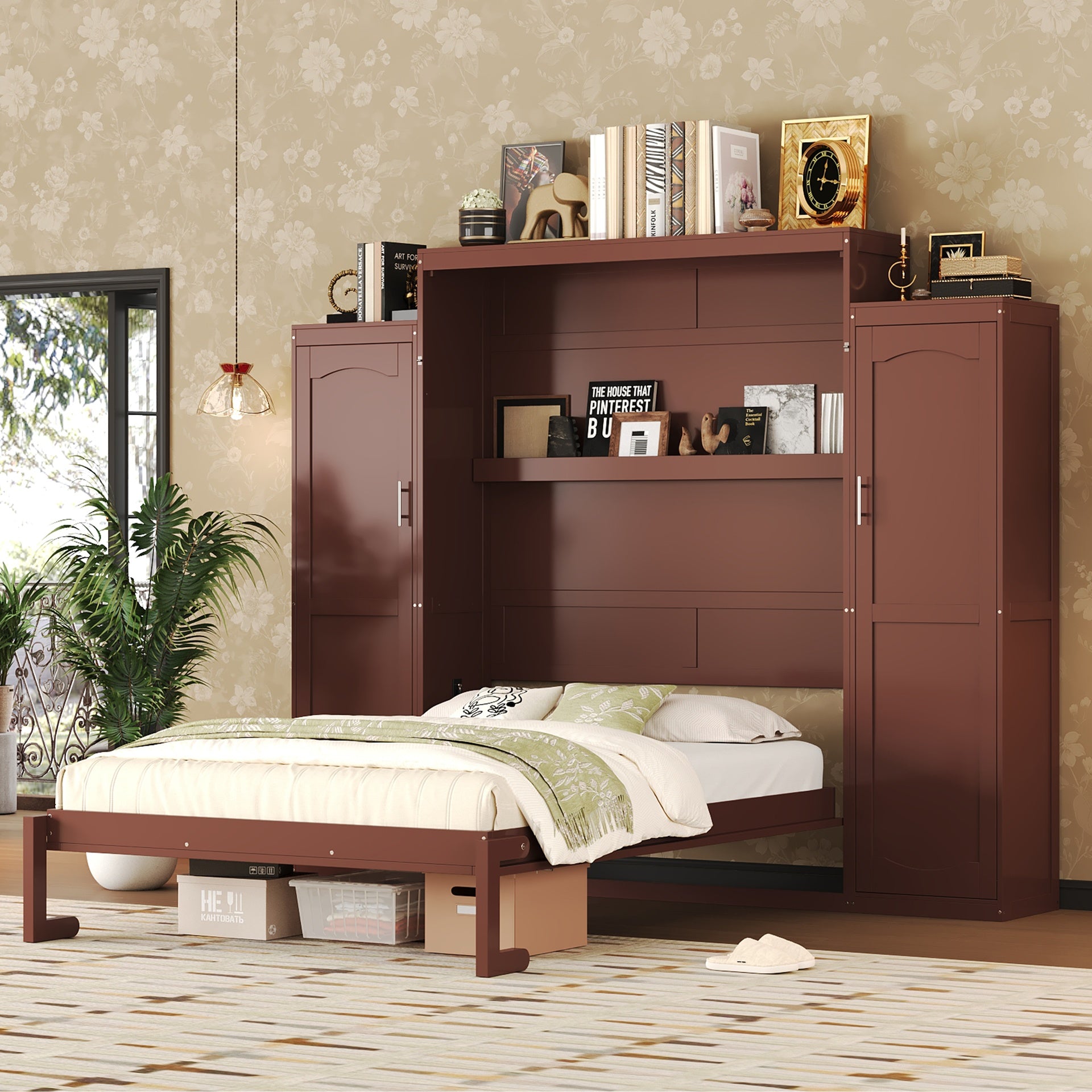 Queen Size Murphy Bed, Wooden Queen Wall Bed with 2 Wardrobe and Storage Shelf, Multifunctional Foldable Platform Bedframe for Guest-Room, Bedroom, Walnut