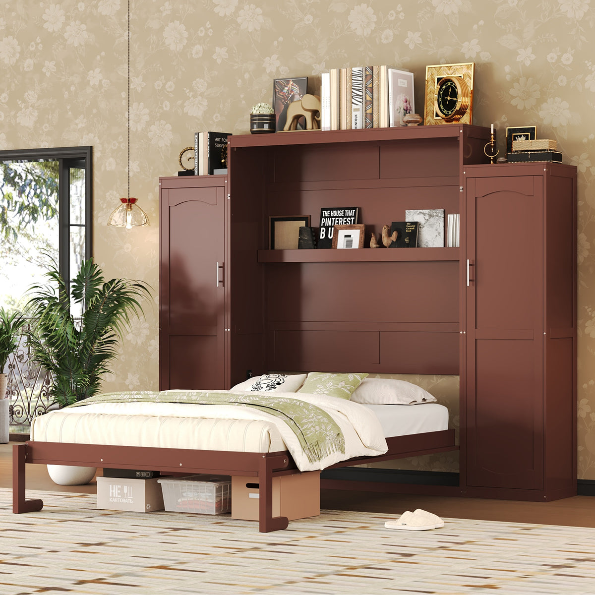 Queen Size Murphy Bed, Wooden Queen Wall Bed with 2 Wardrobe and Storage Shelf, Multifunctional Foldable Platform Bedframe for Guest-Room, Bedroom, Walnut