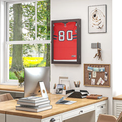 HOMCOM 24" x 32" Jersey Display Case, Wall-Mounted Memorabilia Acrylic Shadow Box with Hanger, Brown