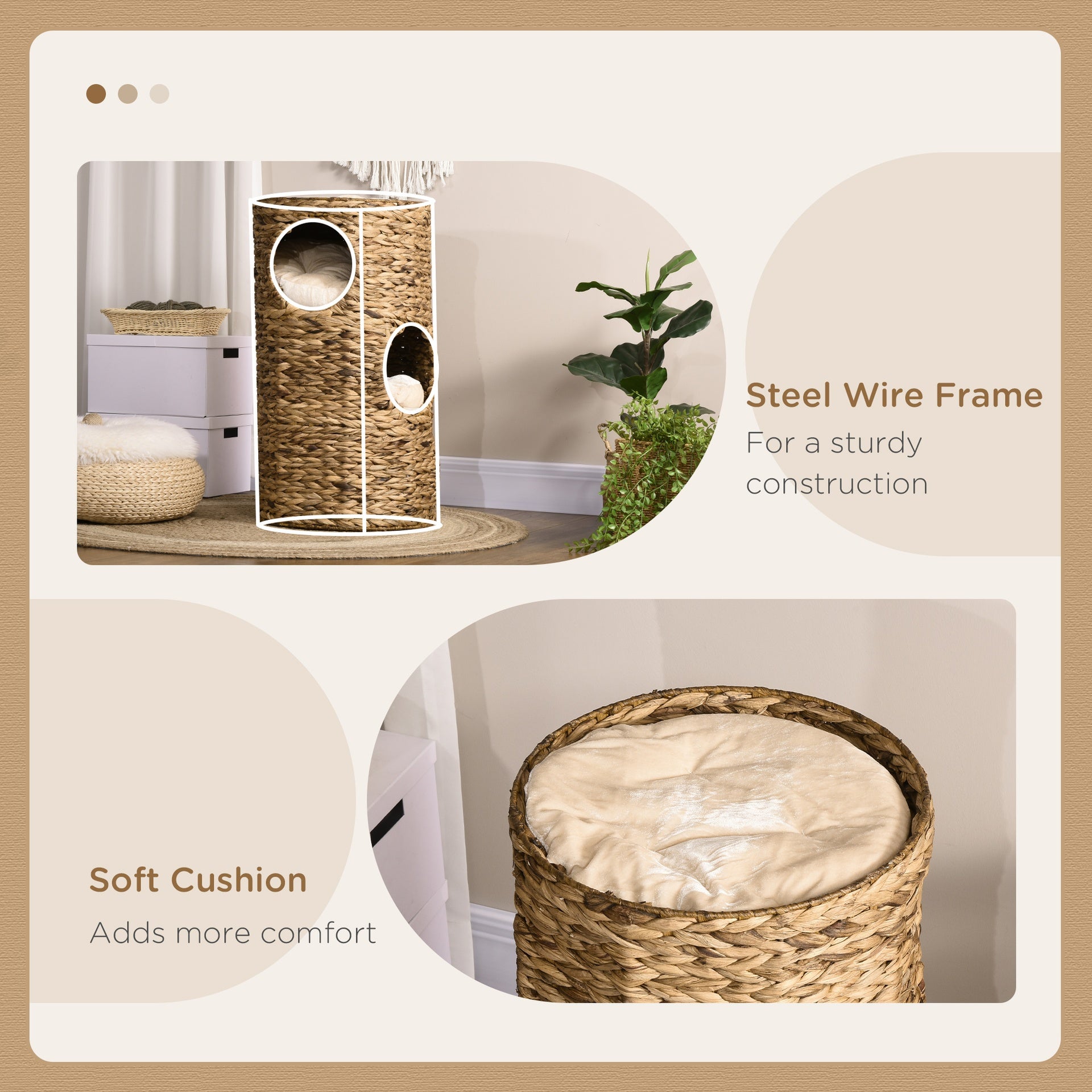 PawHut Elevated Cat Bed with Three Hideaways & Four Soft Plush Cushions, Cat Tower with Hand-Woven Materials, Multi-Layer Raised Kitten Bed Caves