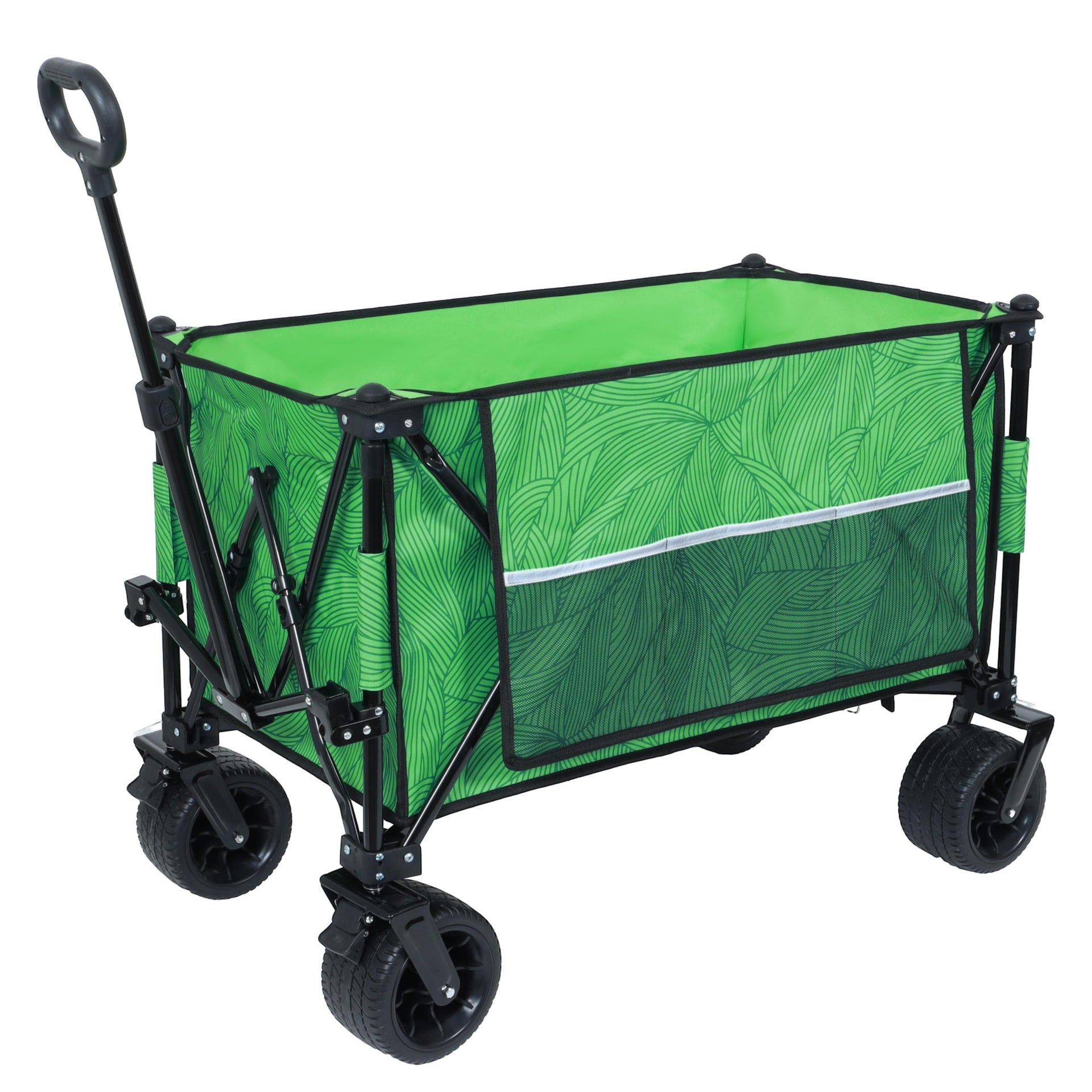 Heavy-Duty 480lbs Folding Wagon Cart with Bonus Picnic Mat - All-Terrain Beach Wheels, Drink Holders, Brakes & Side Pocket for  Camping, Garden, Sports, green line