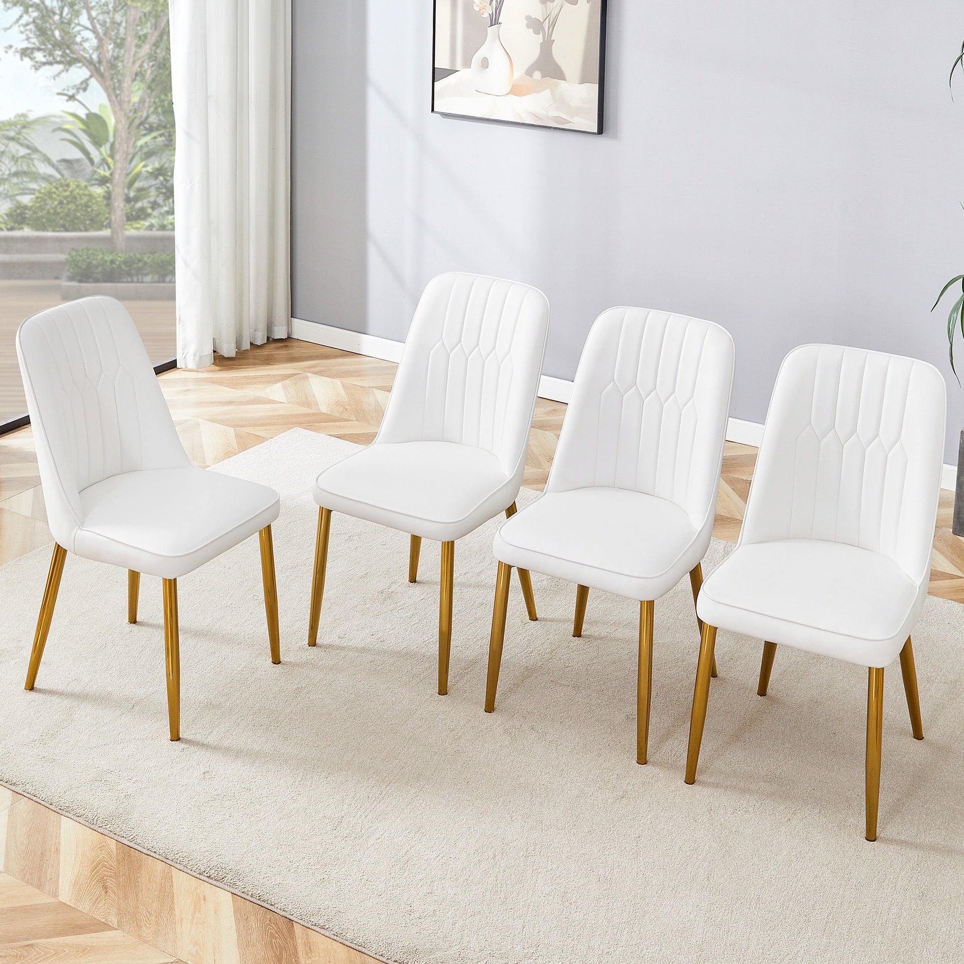 4 modern dining chairs, sleek PU leather backrest, and gold metal legs bring a comfortable home experience to the kitchen, bedroom, and office.W1151P183298