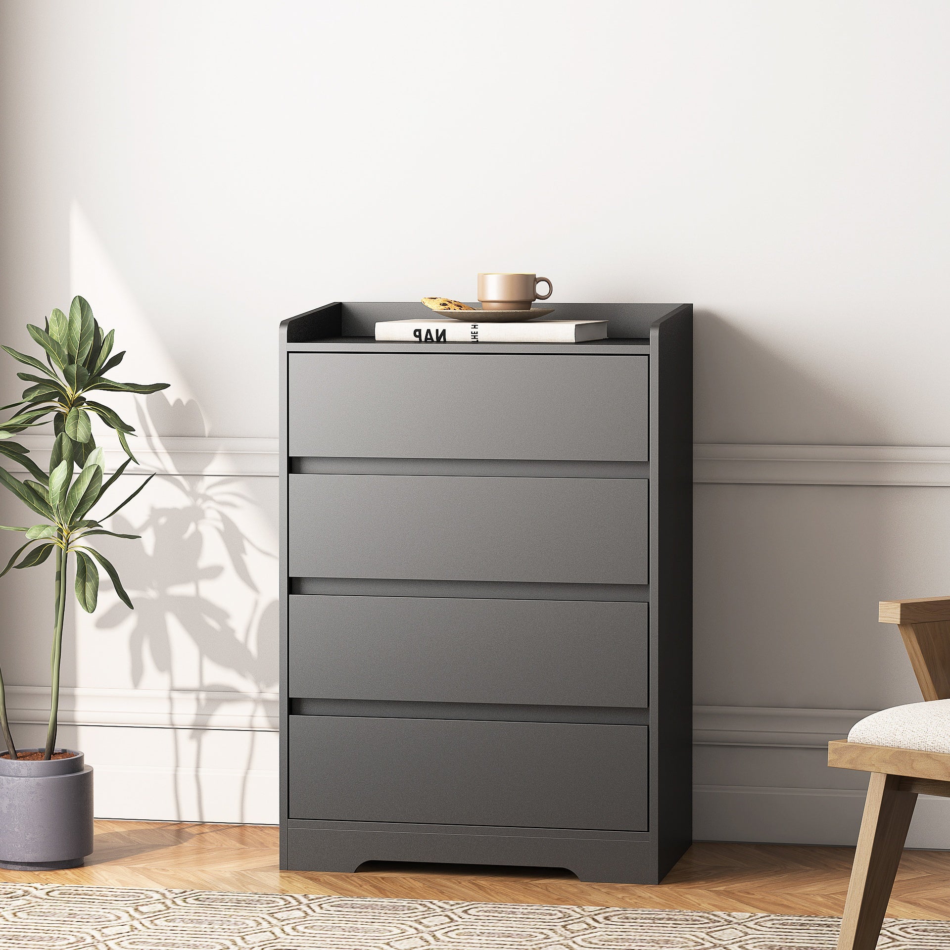 4 Drawer Dresser, Chest of Drawers Without Handle,Black Dresser for Bedroom 100% Waterproof, Modern Wooden Cabinet with Sturdy Frame for Living Room, Entryway, Bedroom, Hallway, Office
