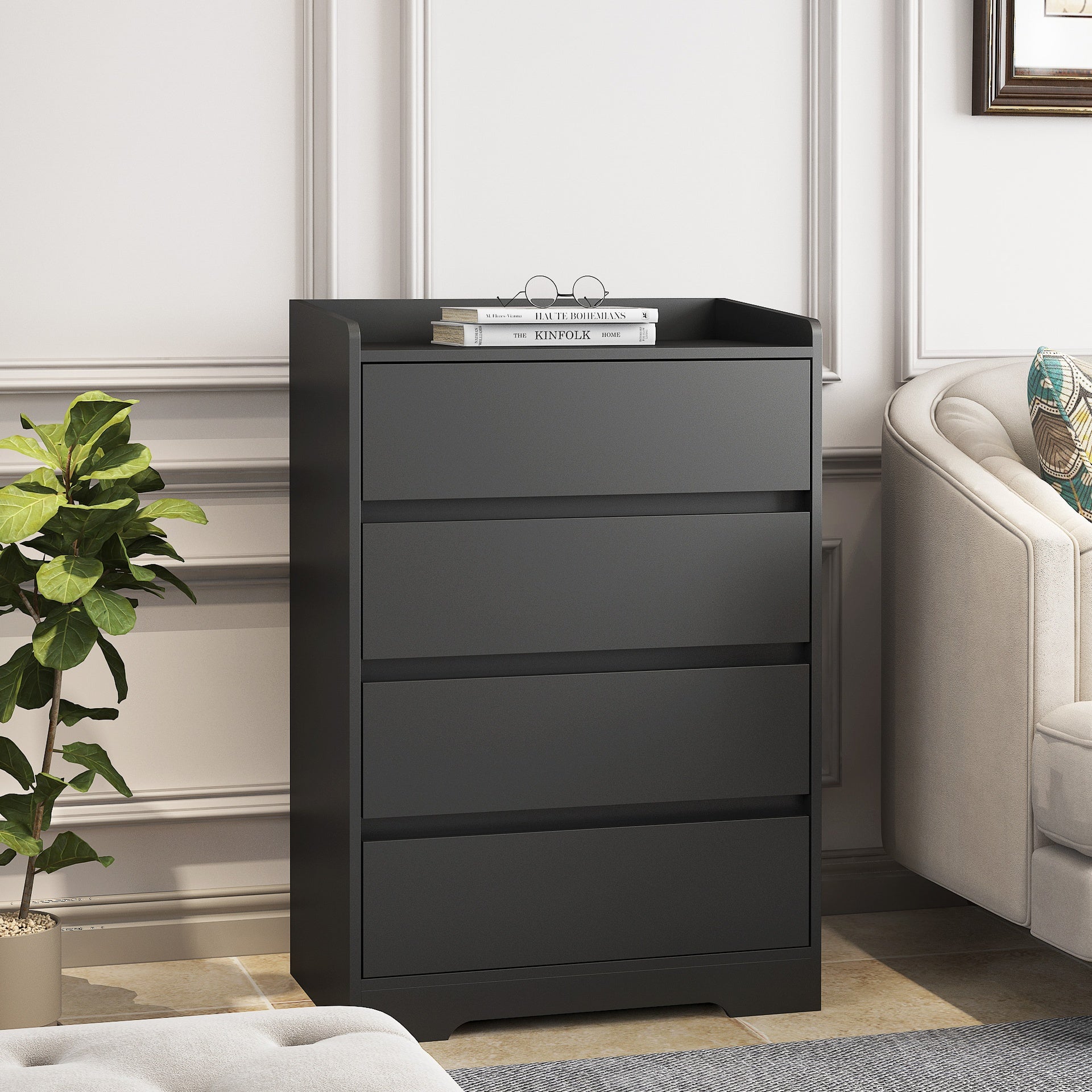4 Drawer Dresser, Chest of Drawers Without Handle,Black Dresser for Bedroom 100% Waterproof, Modern Wooden Cabinet with Sturdy Frame for Living Room, Entryway, Bedroom, Hallway, Office