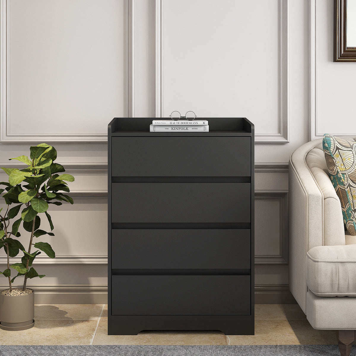 4 Drawer Dresser, Chest of Drawers Without Handle,Black Dresser for Bedroom 100% Waterproof, Modern Wooden Cabinet with Sturdy Frame for Living Room, Entryway, Bedroom, Hallway, Office