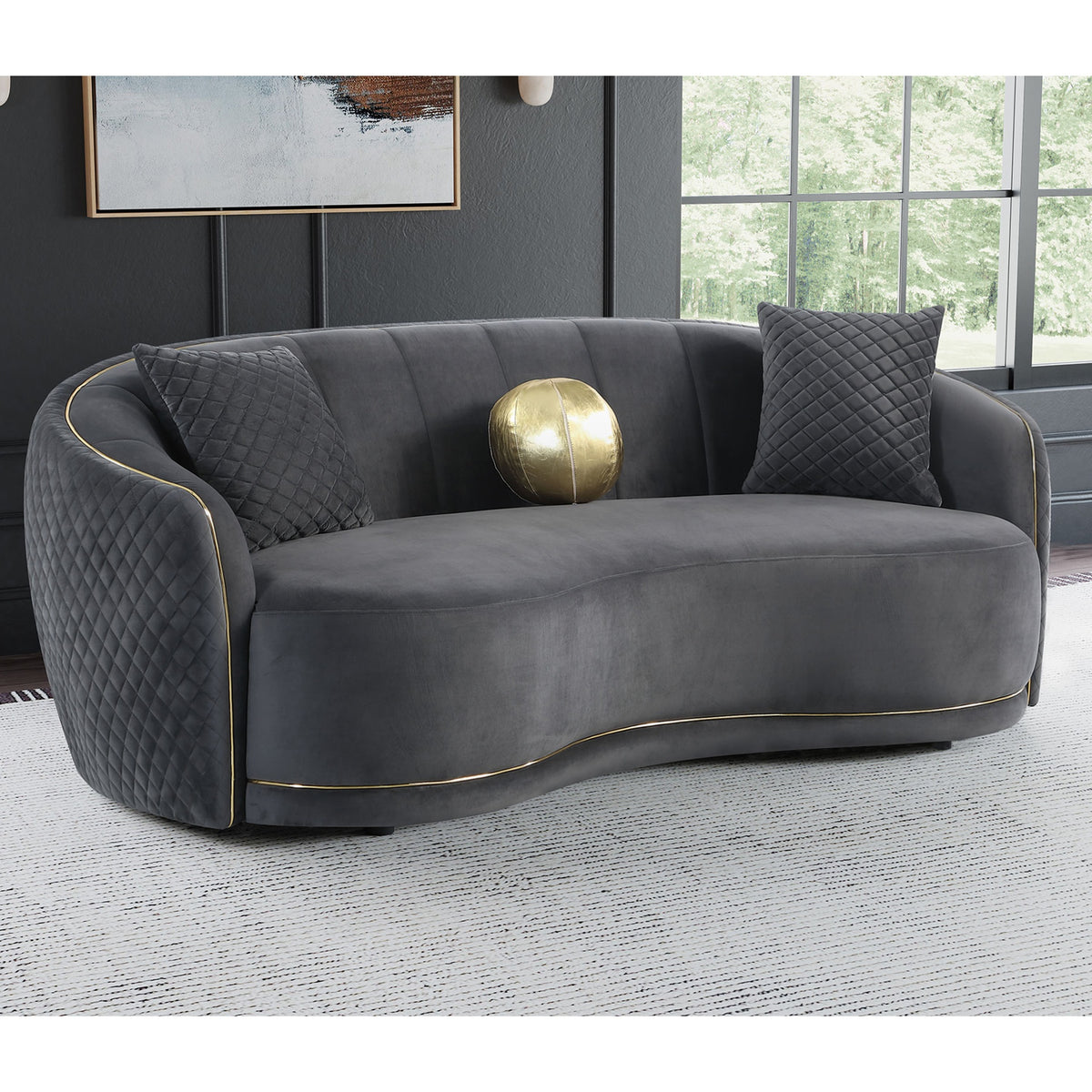 Luxe Dark Grey Upholstered Curved Sofa
