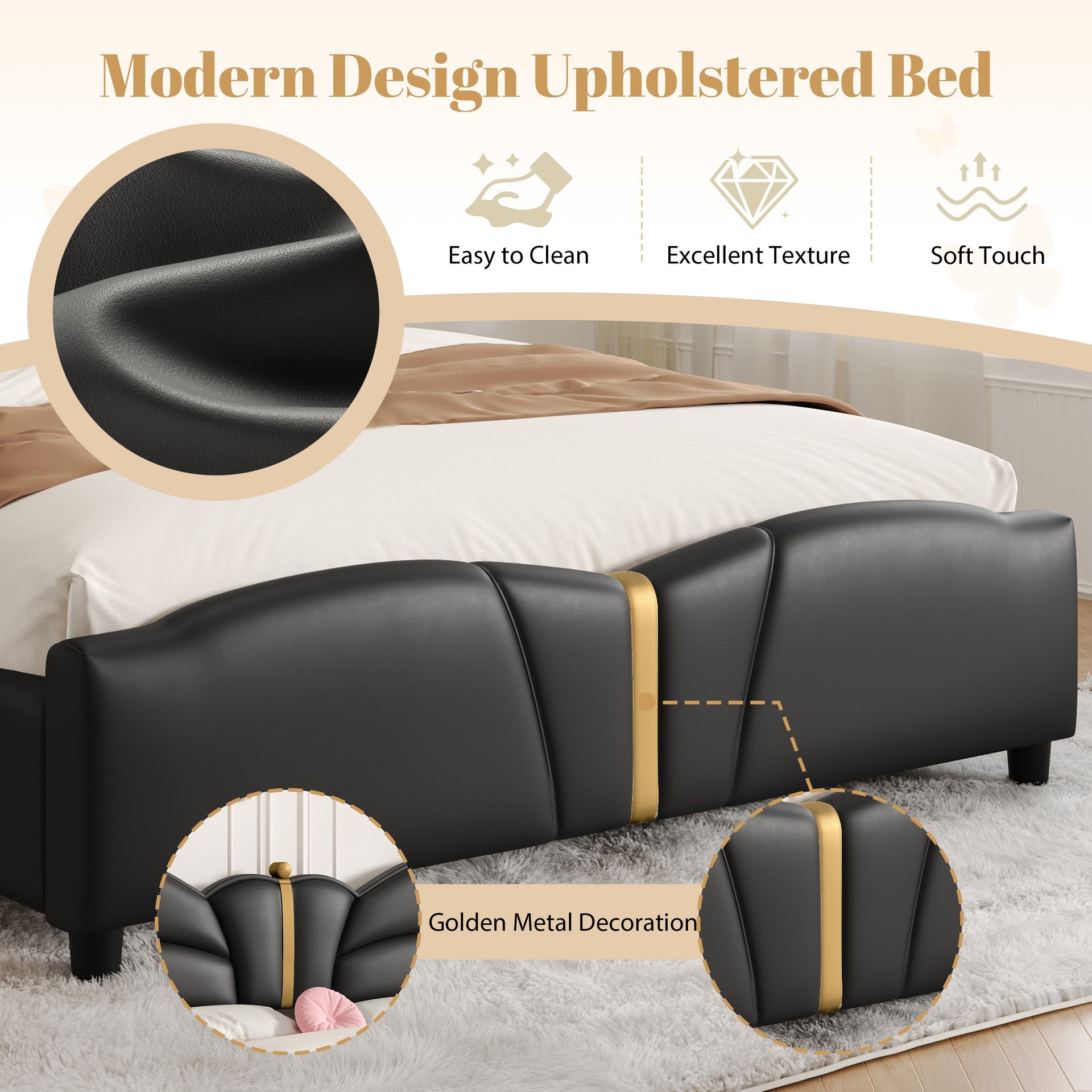 Queen Size Upholstered PU Leather Bed Frame, with Butterfly Shaped Headboard and Footboard, Platform Bed Frame with Gold Metal decorations, No Box Spring Needed, Black