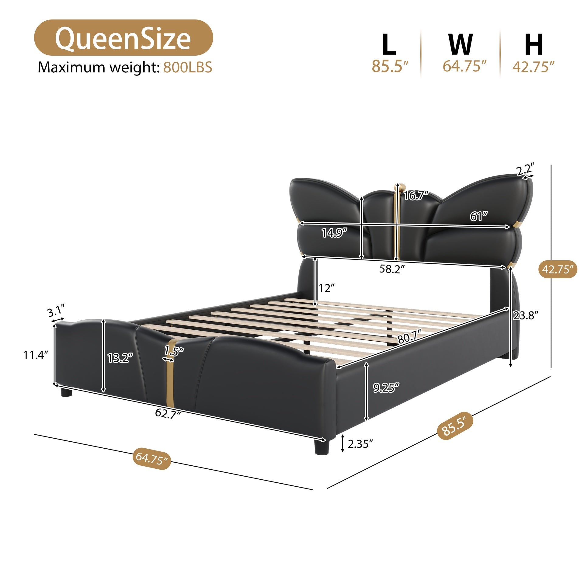 Queen Size Upholstered PU Leather Bed Frame, with Butterfly Shaped Headboard and Footboard, Platform Bed Frame with Gold Metal decorations, No Box Spring Needed, Black