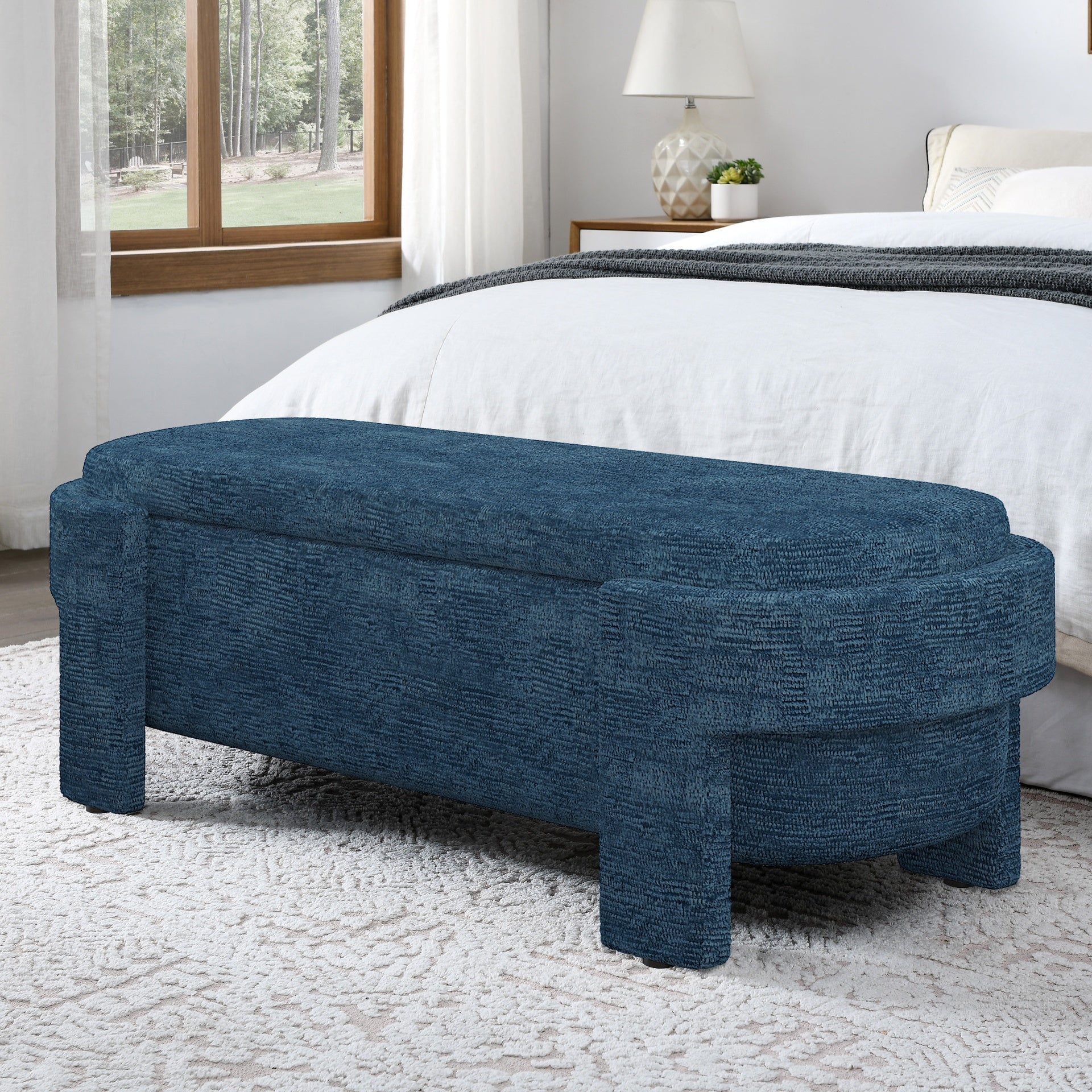 Linen Fabric Upholstered Bench with Large Storage Space for the Living Room, Entryway and Bedroom,dark blue( 51.5''x20.5''x17'' )
