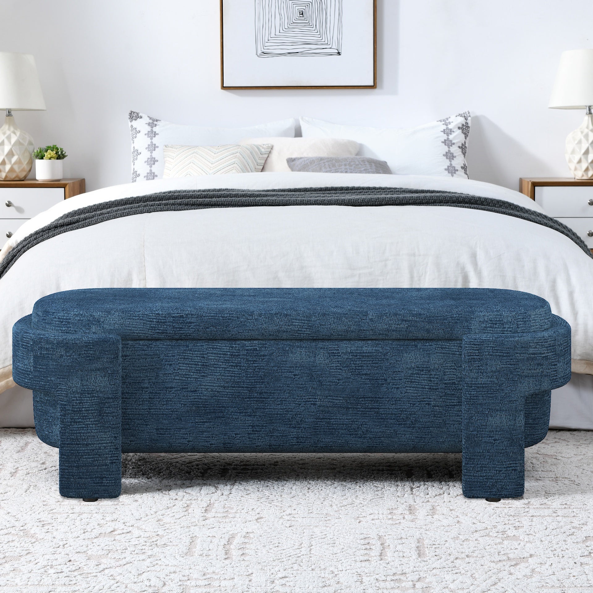 Linen Fabric Upholstered Bench with Large Storage Space for the Living Room, Entryway and Bedroom,dark blue( 51.5''x20.5''x17'' )