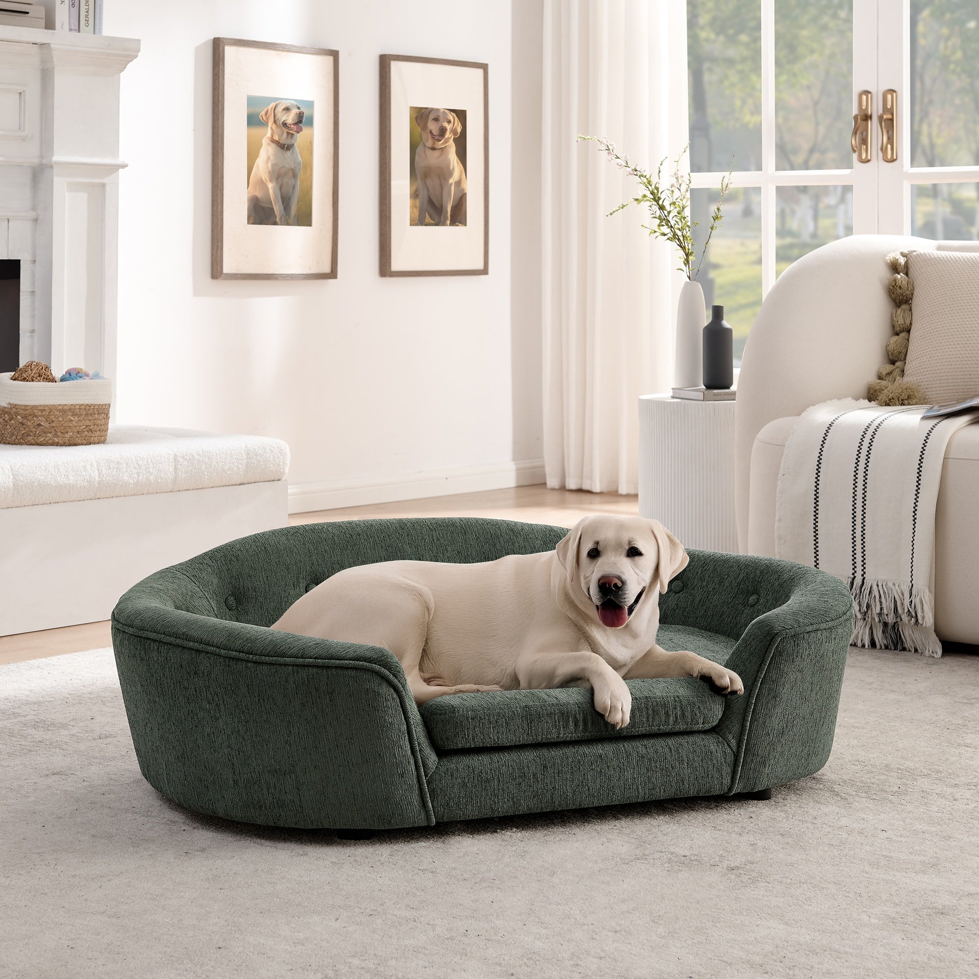 OVERSIZED Size Oval Semi-Enclosed Dog Sofa - Durable Linen Material, Button-Tufted Backrest, High-Center Low-Sides Support & Plush Comfort-Olive Green