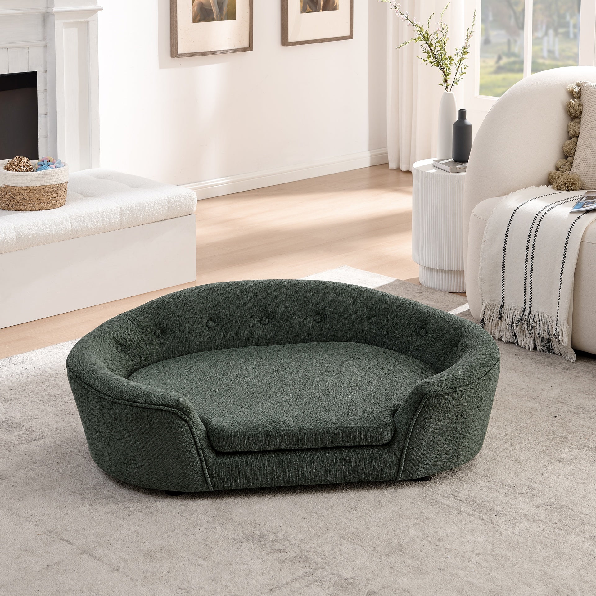 OVERSIZED Size Oval Semi-Enclosed Dog Sofa - Durable Linen Material, Button-Tufted Backrest, High-Center Low-Sides Support & Plush Comfort-Olive Green