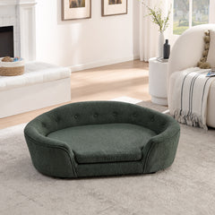 OVERSIZED Size Oval Semi-Enclosed Dog Sofa - Durable Linen Material, Button-Tufted Backrest, High-Center Low-Sides Support & Plush Comfort-Olive Green