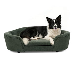 OVERSIZED Size Oval Semi-Enclosed Dog Sofa - Durable Linen Material, Button-Tufted Backrest, High-Center Low-Sides Support & Plush Comfort-Olive Green