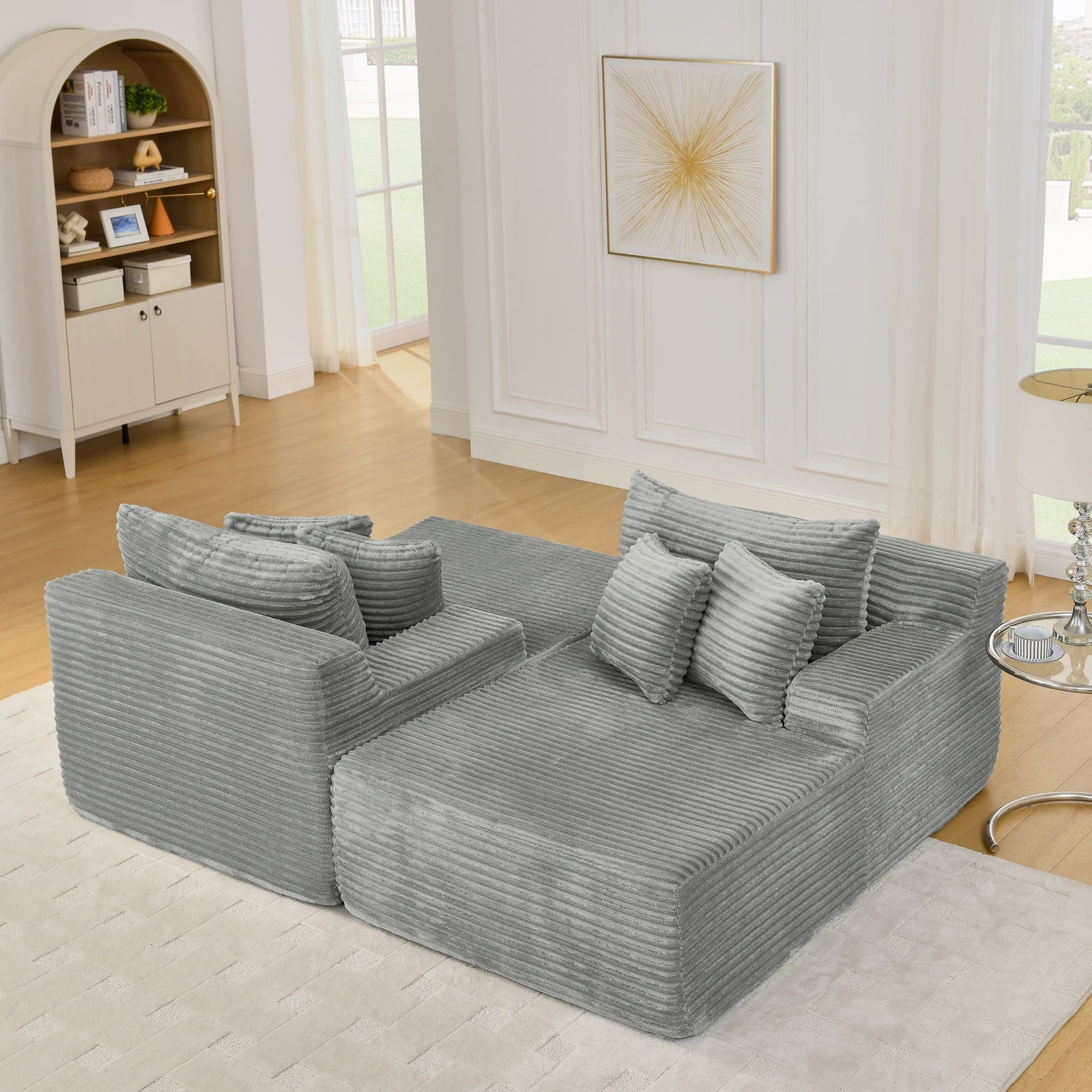 Two-seater lazy sofa lounge chair,Compressed sofa no assembly required, made of velvet fabric, fluffy modern lounge chair, used for indoor living rooms and bedrooms-Gray