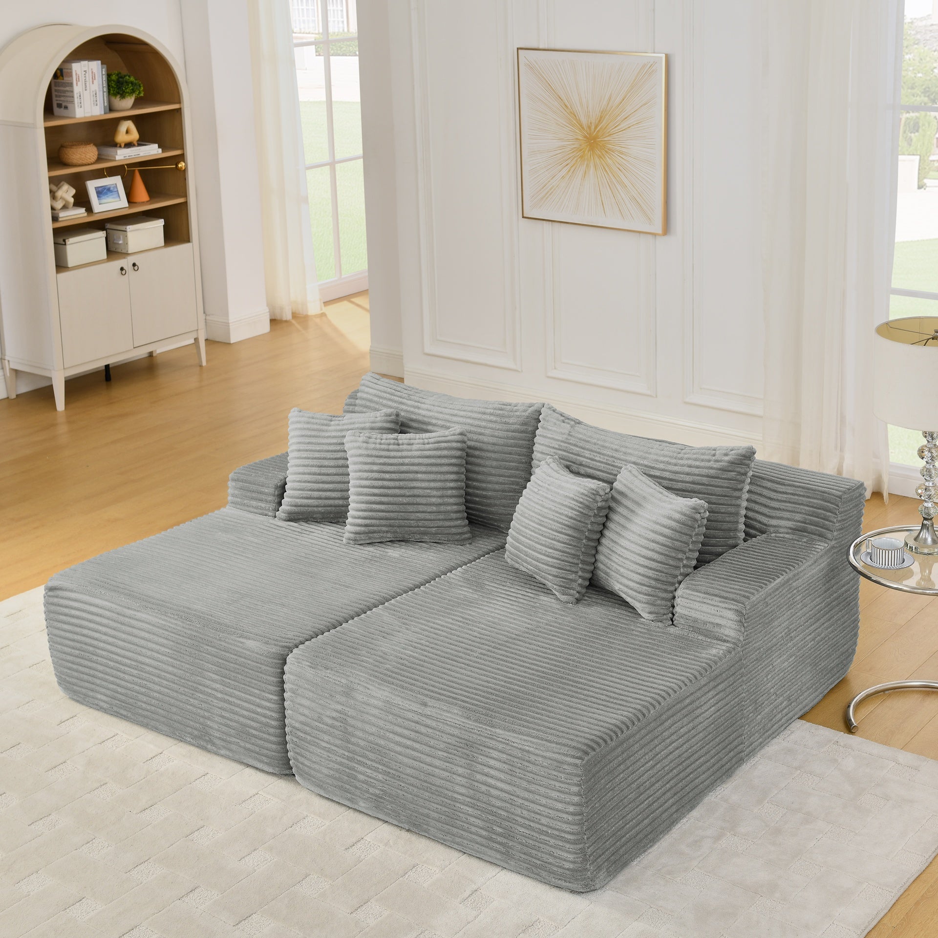 Two-seater lazy sofa lounge chair,Compressed sofa no assembly required, made of velvet fabric, fluffy modern lounge chair, used for indoor living rooms and bedrooms-Gray