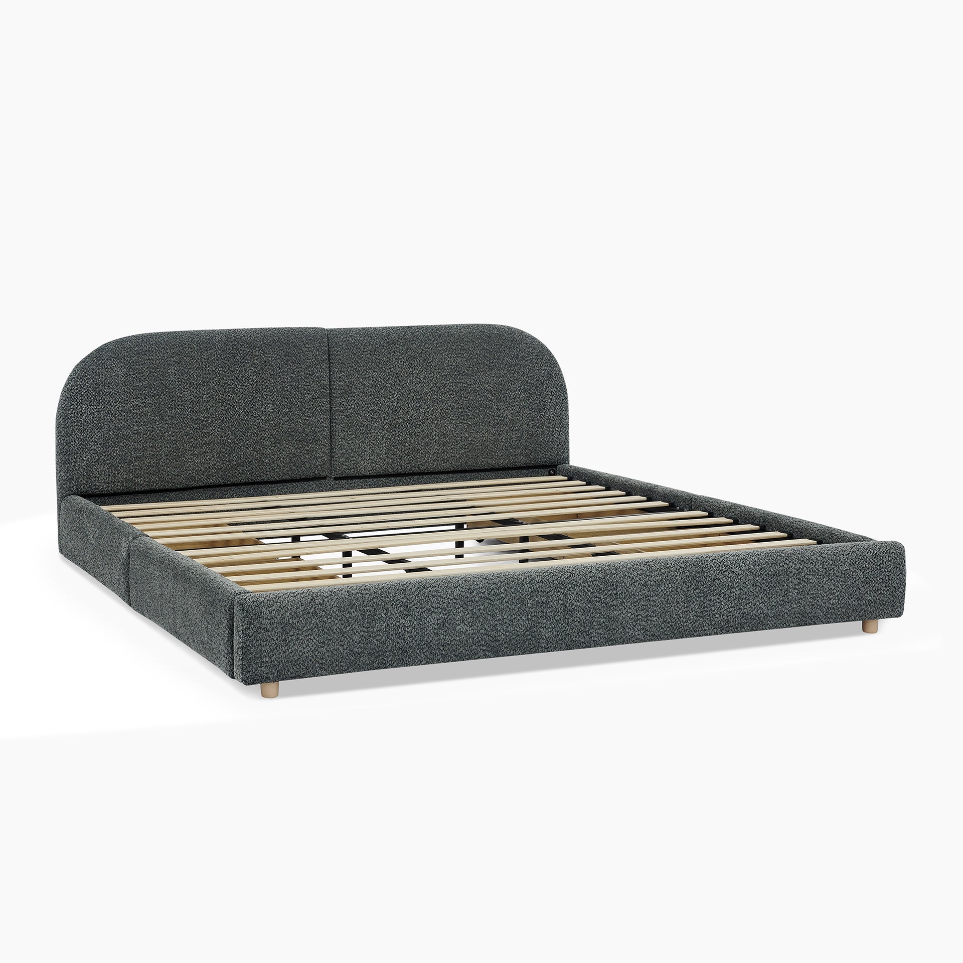 King Size Upholstered Bed Frame Modern Minimalist Style - Circle Yarn Fabric, Tall Curved Headboard, Sturdy Leg Support & Wheeled Drawer Storage, Mattress Not Included - Dark Gray