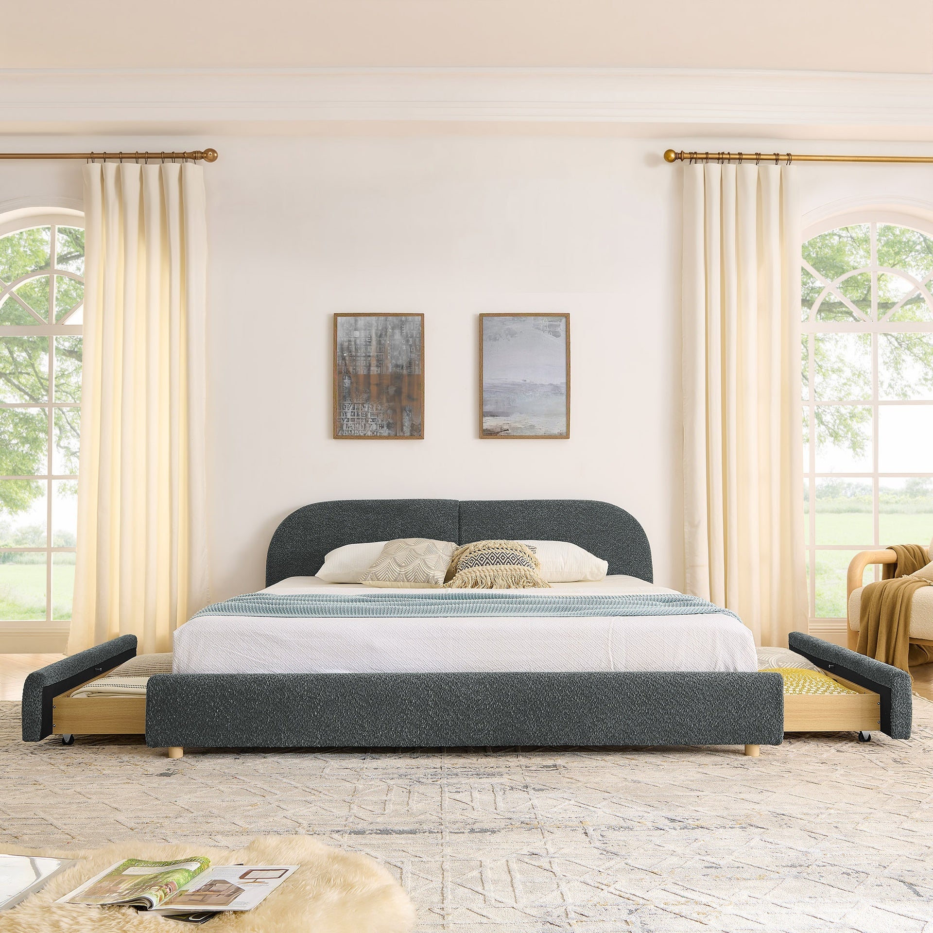 King Size Upholstered Bed Frame Modern Minimalist Style - Circle Yarn Fabric, Tall Curved Headboard, Sturdy Leg Support & Wheeled Drawer Storage, Mattress Not Included - Dark Gray