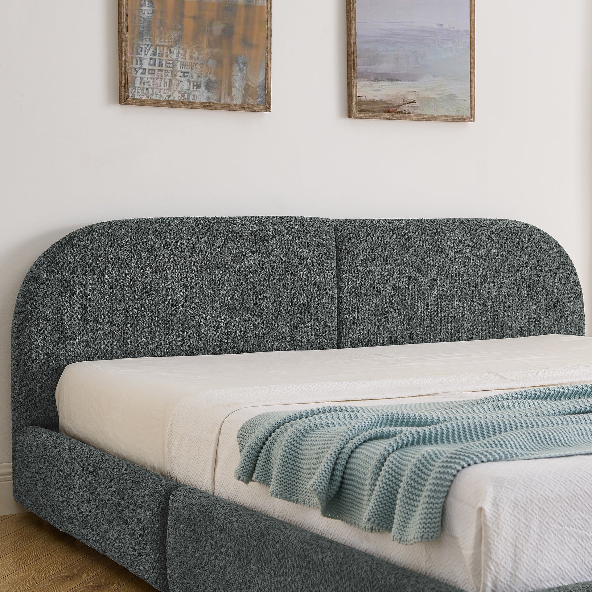 King Size Upholstered Bed Frame Modern Minimalist Style - Circle Yarn Fabric, Tall Curved Headboard, Sturdy Leg Support & Wheeled Drawer Storage, Mattress Not Included - Dark Gray