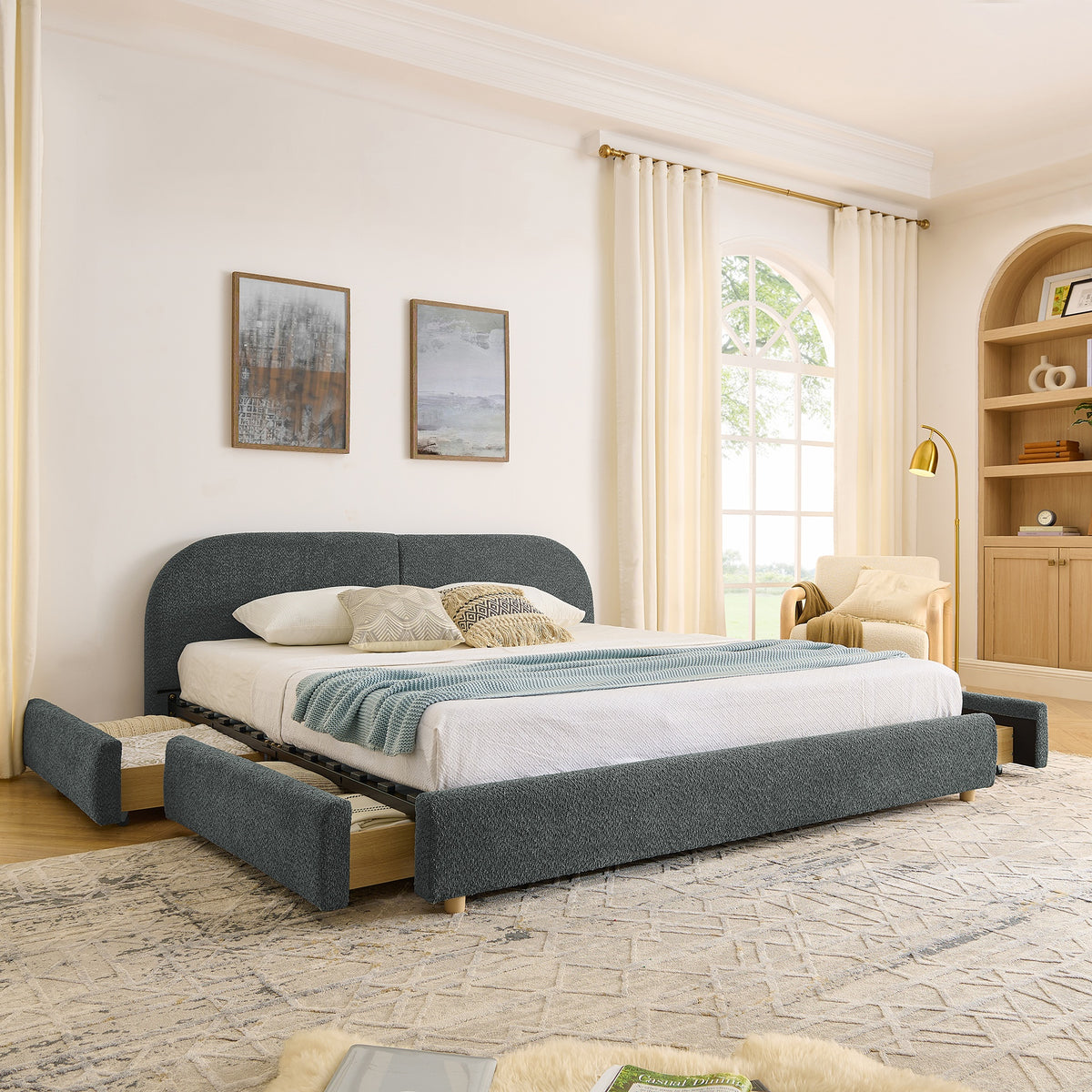 King Size Upholstered Bed Frame Modern Minimalist Style - Circle Yarn Fabric, Tall Curved Headboard, Sturdy Leg Support & Wheeled Drawer Storage, Mattress Not Included - Dark Gray