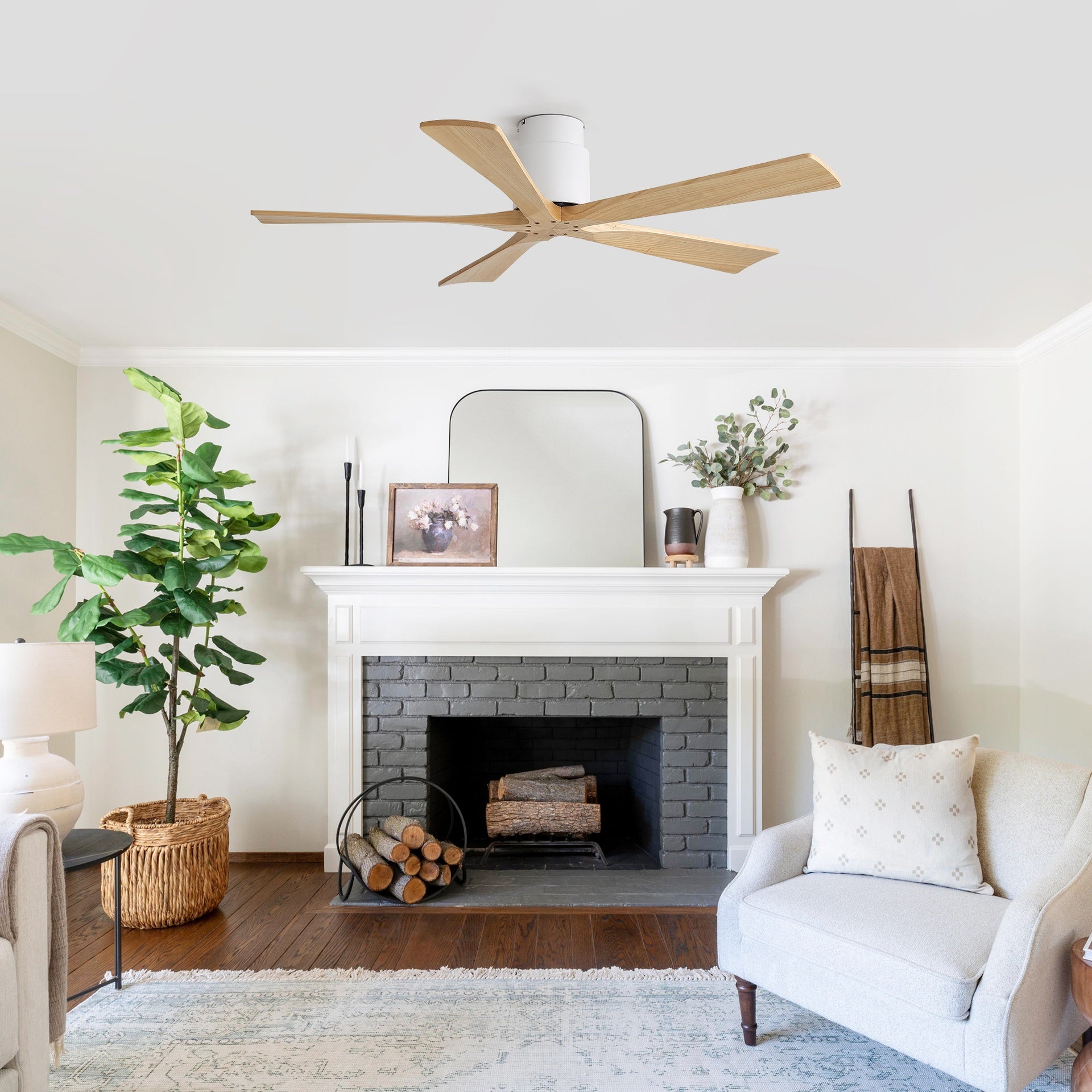 52 Inch Matte White Ceiling Fan (No Light) with Natural Solid Wood Blades - Reversible DC Motor for Bedroom & Living room